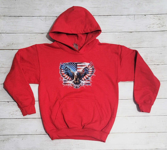American Flag Hoodie for kids with eagle design in red, white, and blue colors.