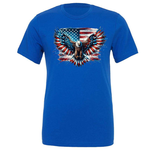 American Eagle Tee featuring red, white, and blue design with eagle graphic, perfect for patriotic gatherings.