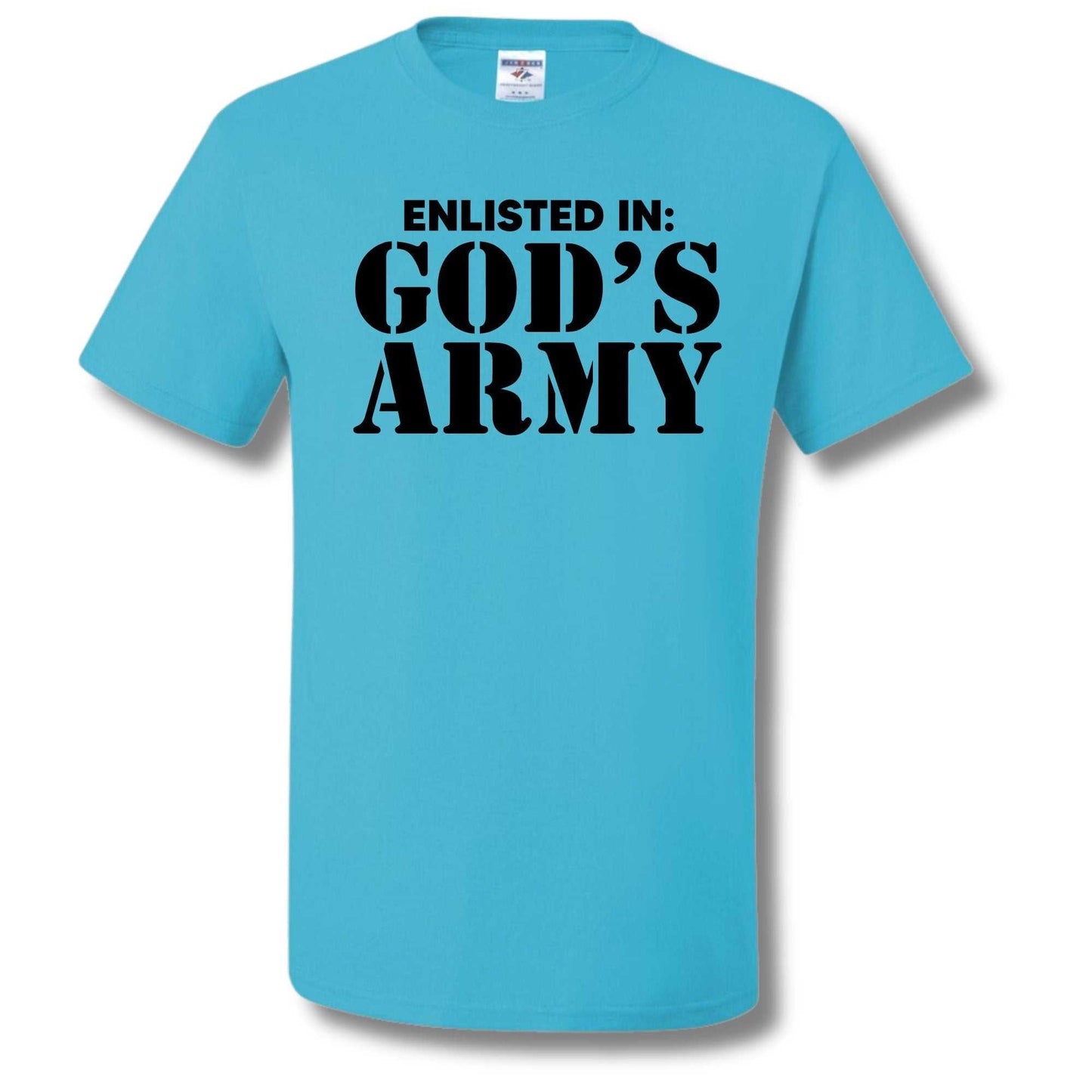 Blue "Enlisted in God's Army" unisex t-shirt for adults.