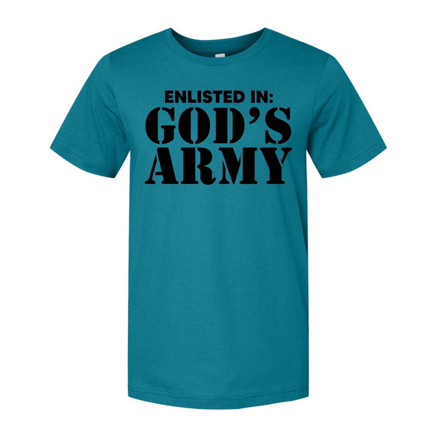 Teal shirt with "Enlisted in God's Army" text in bold black letters for adults.