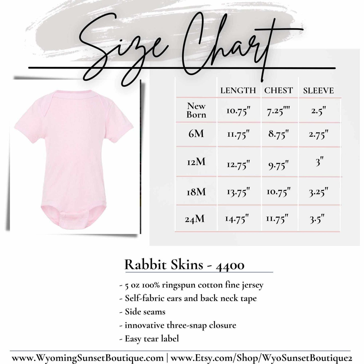 Size chart for Wyoming Cowboy Onesie for infants, showcasing dimensions and features like soft cotton fabric and three-snap closure.