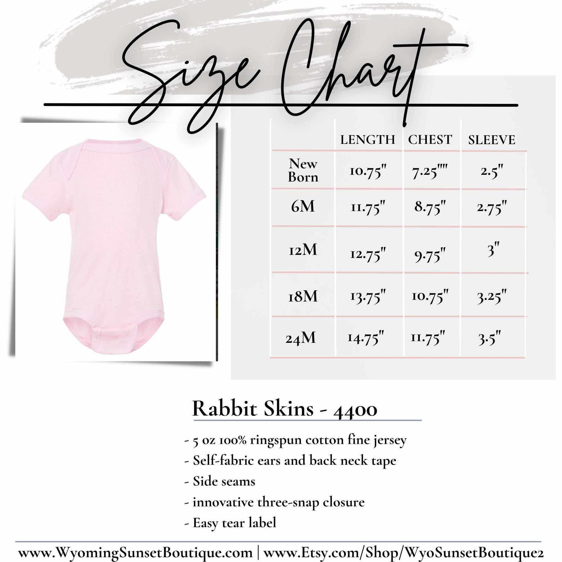 Size chart for Wyoming Cowboy Onesie for infants, showcasing dimensions and features like soft cotton fabric and three-snap closure.