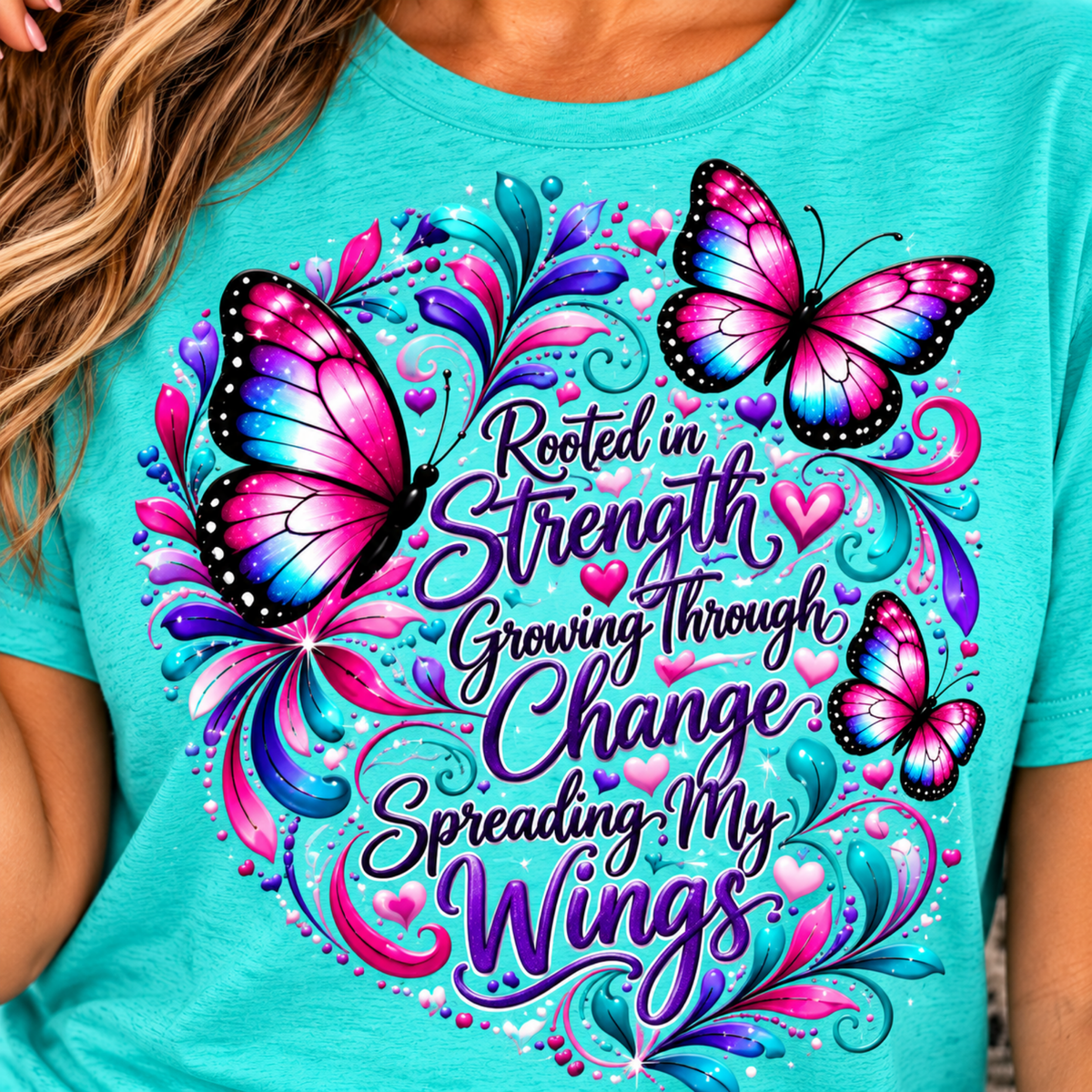 Women's turquoise inspirational tshirt design with vibrant pink butterflies and a colorful message about strength, change, and growth