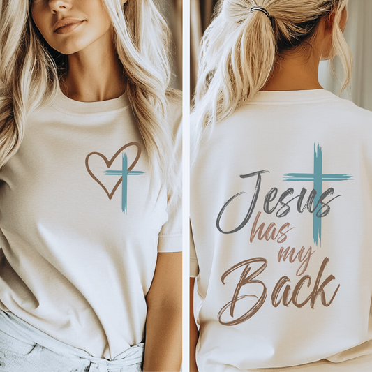 Jesus Has My Back Tee with cross and heart design on front pocket and bold back text on soft unisex shirt