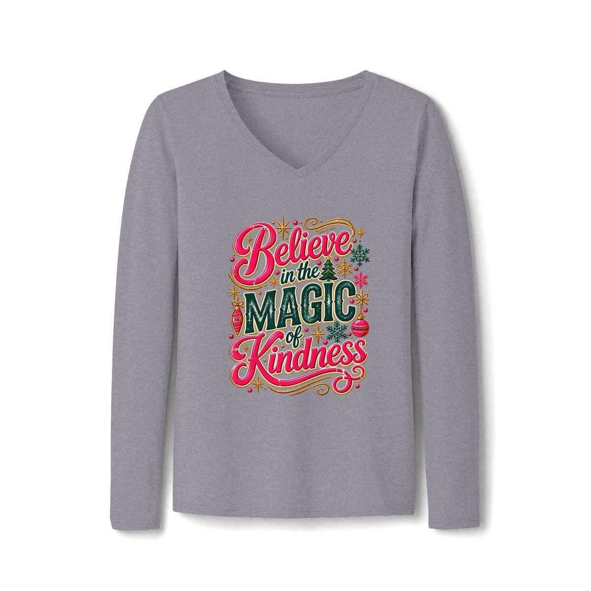 Long-sleeve kindness t shirts in heather gray cotton with a V-neck and colorful vintage-style “Believe in the Magic of Kindness” print