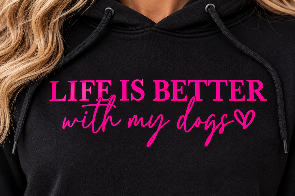 Life Is Better With My Dogs Hoodie in black with bold pink lettering and a heart design across the chest