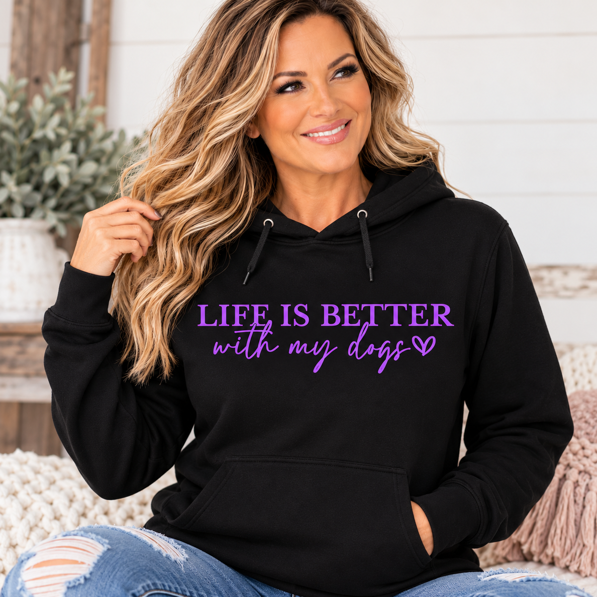 Life Is Better With My Dogs Hoodie in black fleece with bright purple lettering and a heart design across the chest