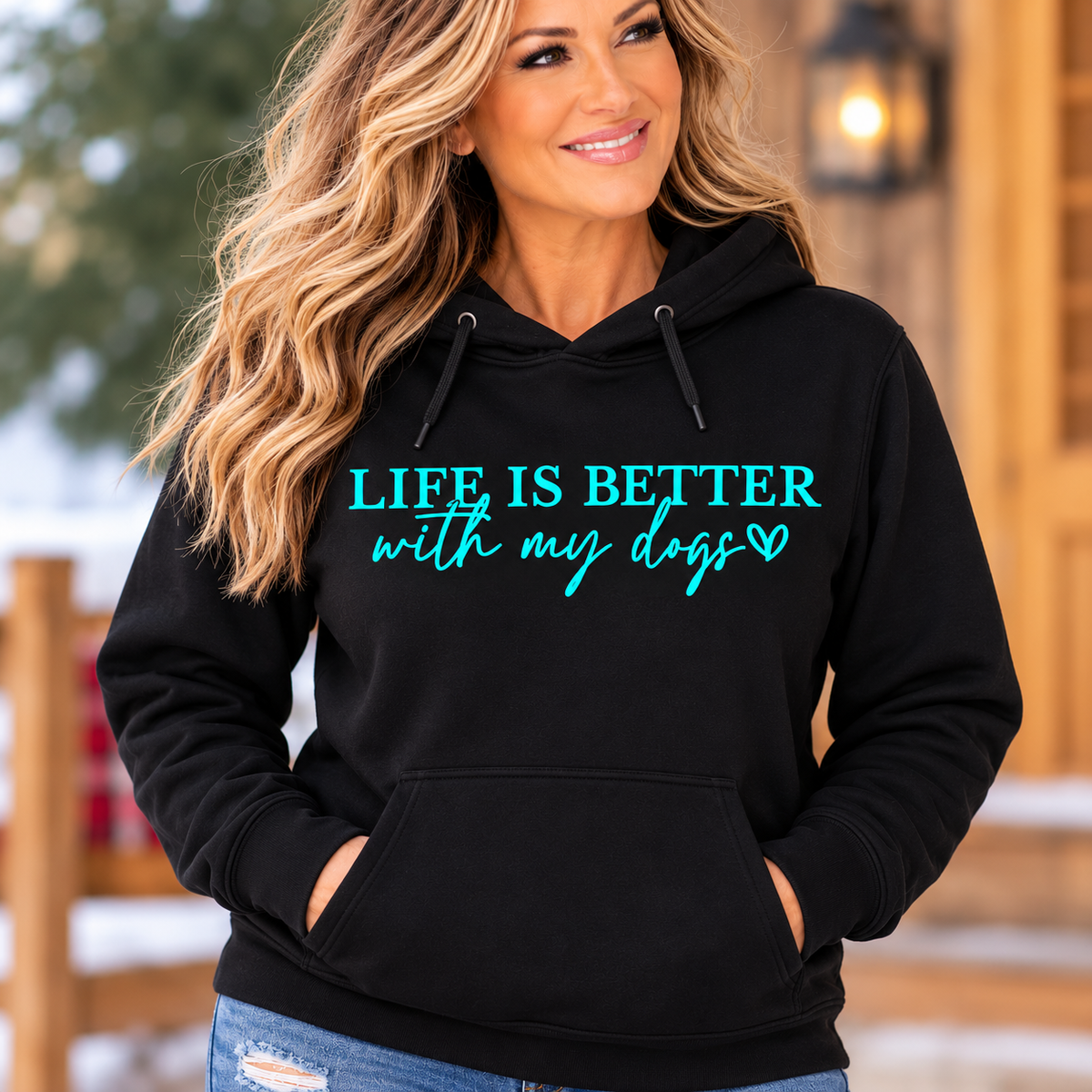 Life Is Better With My Dogs Hoodie in black, featuring bright turquoise lettering and a front kangaroo pocket