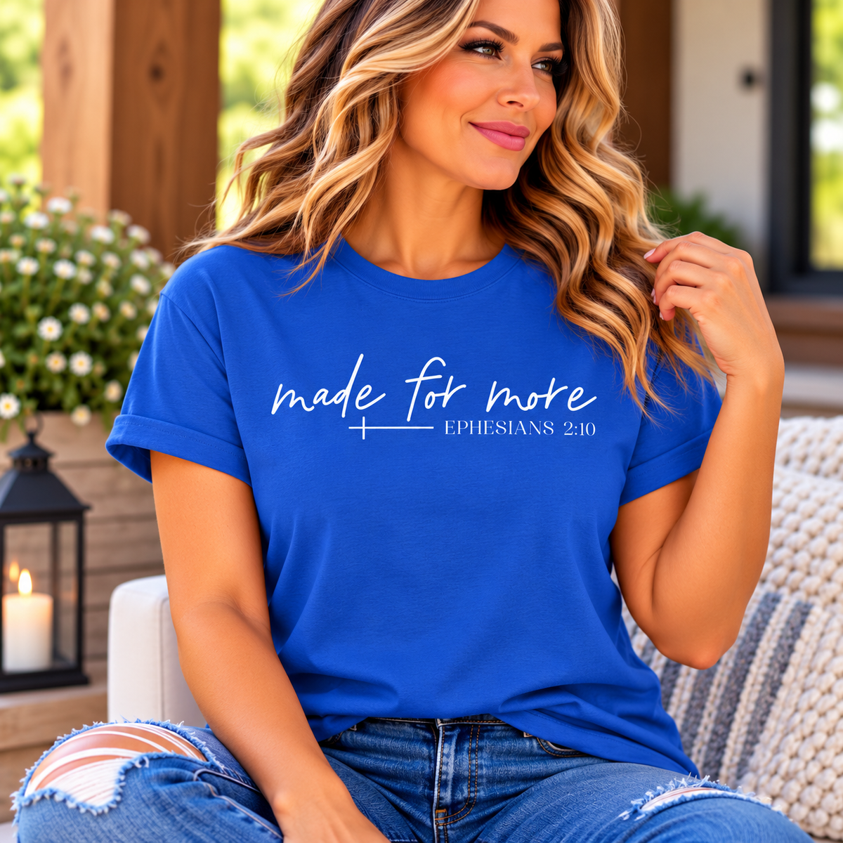love in faith shirt, royal blue cotton tee with white “made for more” script and Ephesians 2:10 text