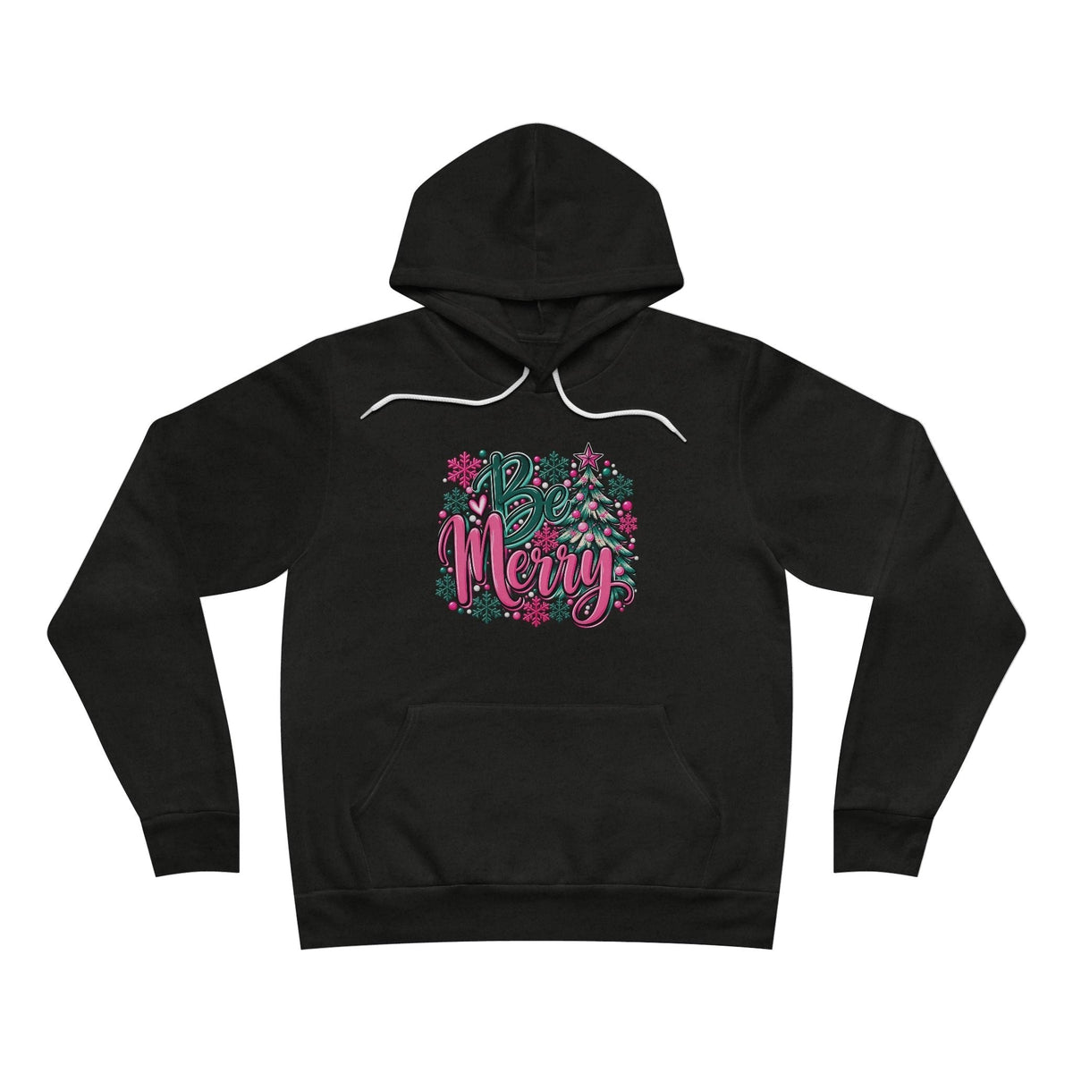 Merry Christmas Floral Holiday Hoodie in black fleece with white drawstrings and colorful floral “Be Merry” lettering.