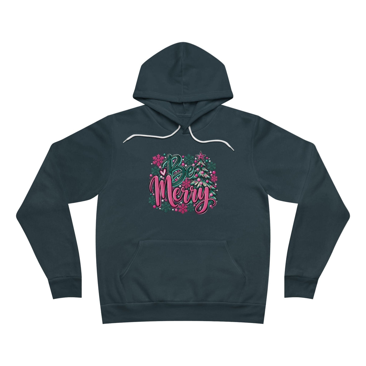 Merry Christmas Floral Holiday Hoodie in dark charcoal fleece with white drawstrings, floral pink and green lettering, and a kangaroo pocket