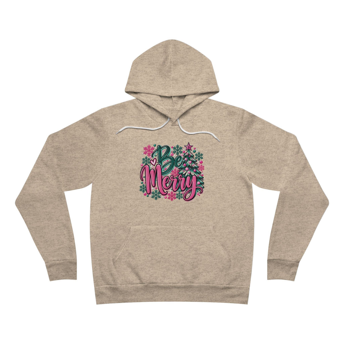 Merry Christmas Floral Holiday Hoodie in heather beige with white drawstrings and colorful floral “Be Merry” lettering