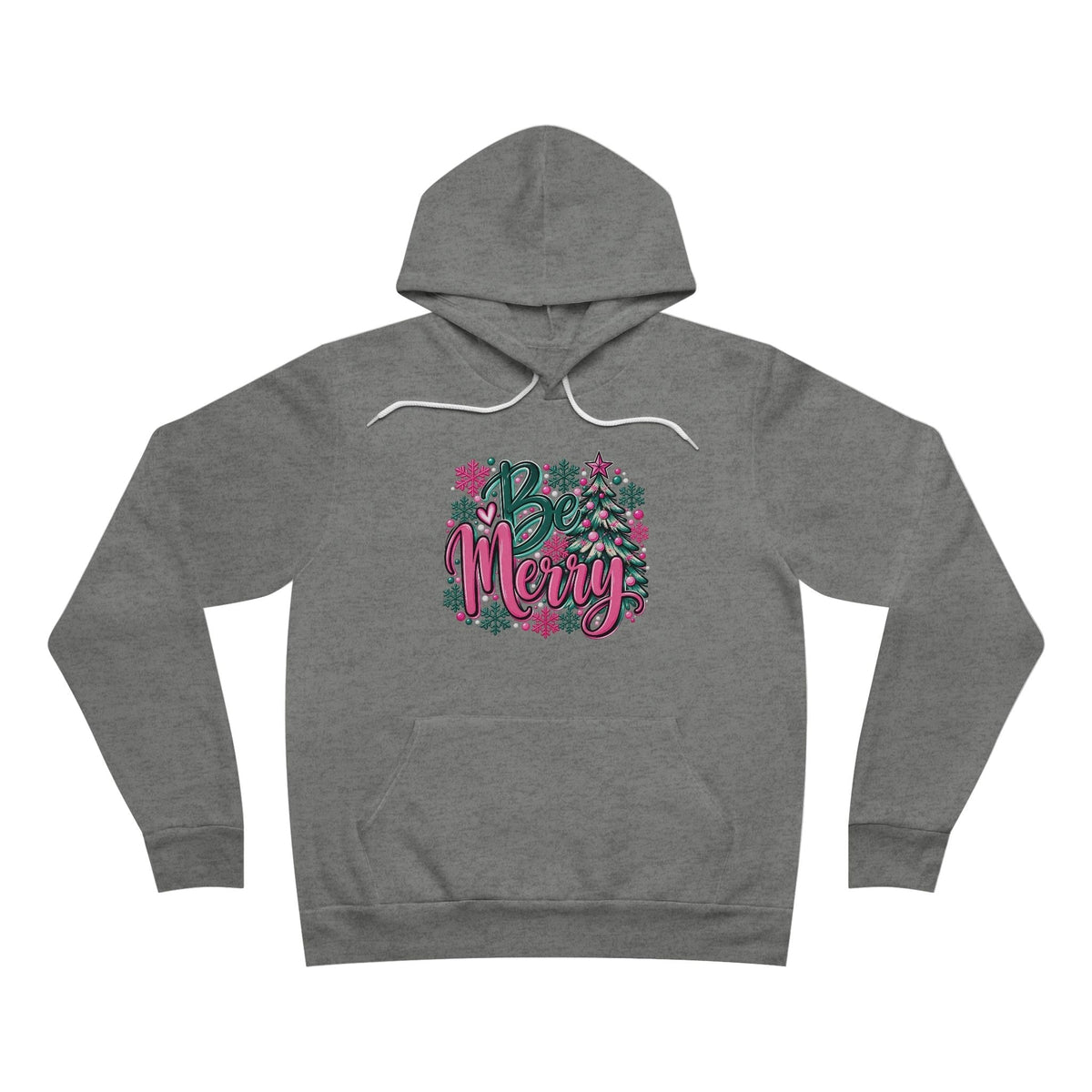 Merry Christmas Floral Holiday Hoodie in heather gray fleece with white drawstrings and colorful floral “Be Merry” lettering
