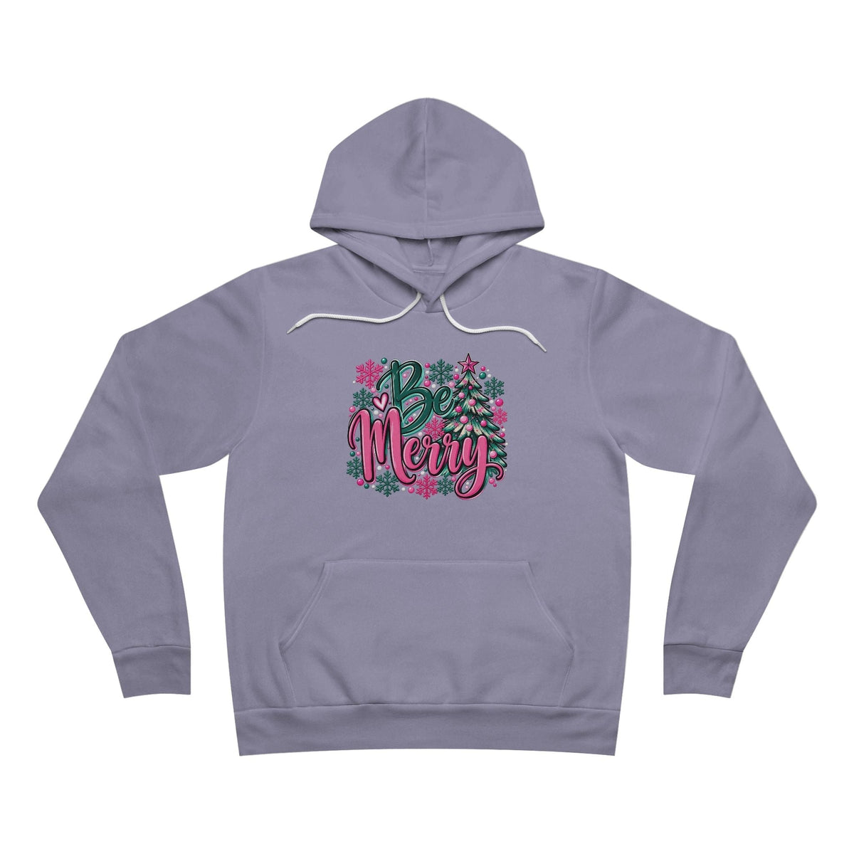 Merry Christmas Floral Holiday Hoodie in muted lavender fleece with white drawstrings and colorful floral Be Merry lettering