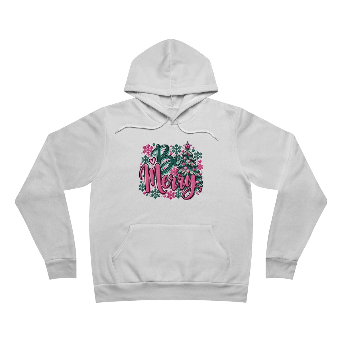 Merry Christmas Floral Holiday Hoodie in light gray fleece with a colorful Be Merry design surrounded by flowers and greenery