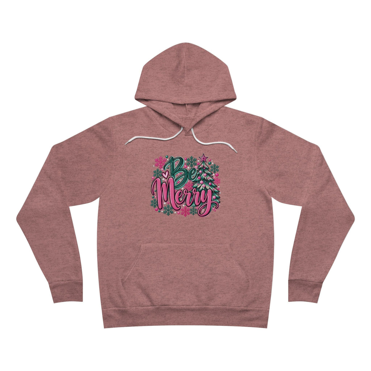 Hoodie in muted rose fleece with white drawstrings and colorful floral “Be Merry” lettering across the chest, Merry Christmas Floral Holiday Hoodie