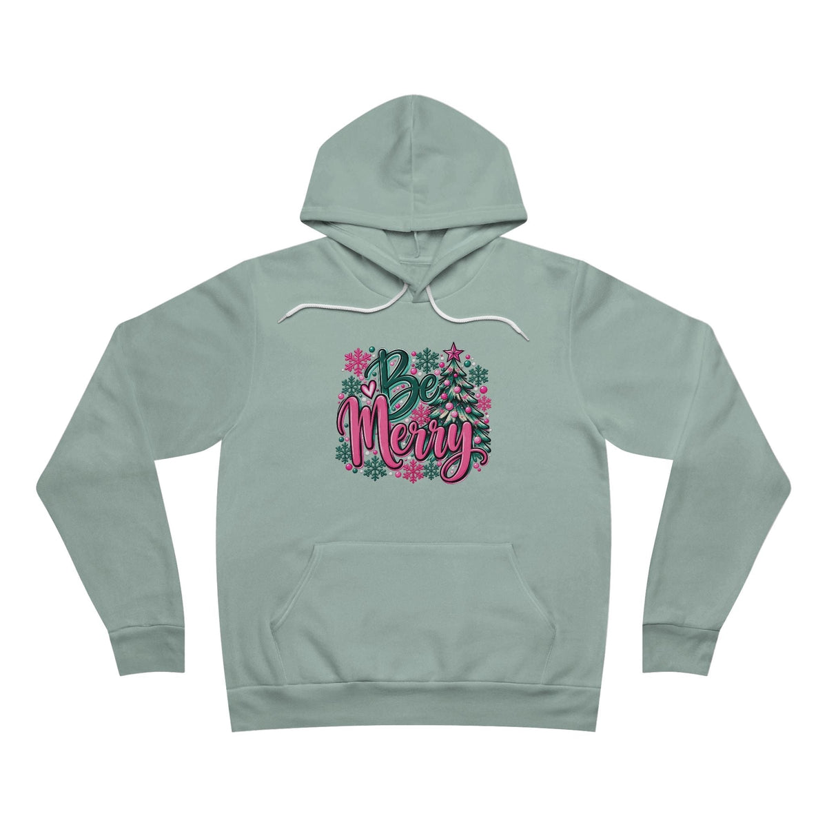 Merry Christmas Floral Holiday Hoodie in sage green with white drawstrings, kangaroo pocket, and colorful floral “Be Merry” lettering