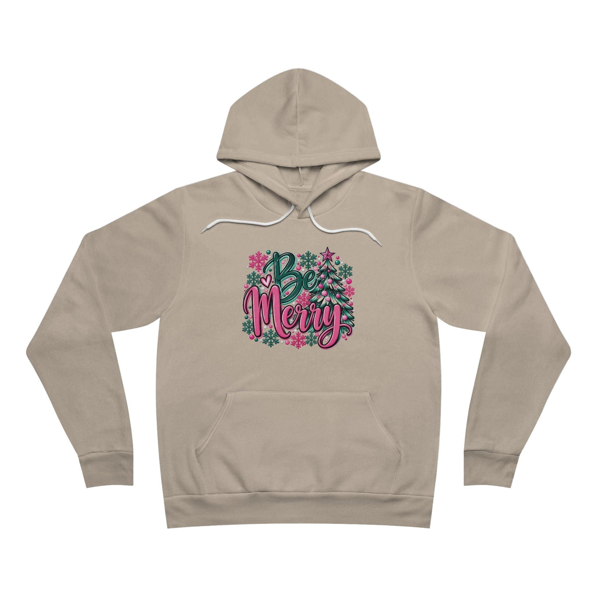 Merry Christmas Floral Holiday Hoodie in taupe fleece with colorful floral “Be Merry” lettering and white drawstrings