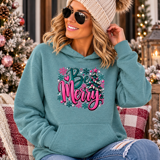 Merry Christmas Floral Holiday Hoodie in teal fleece with pink and green Be Merry lettering, Christmas tree and floral accents