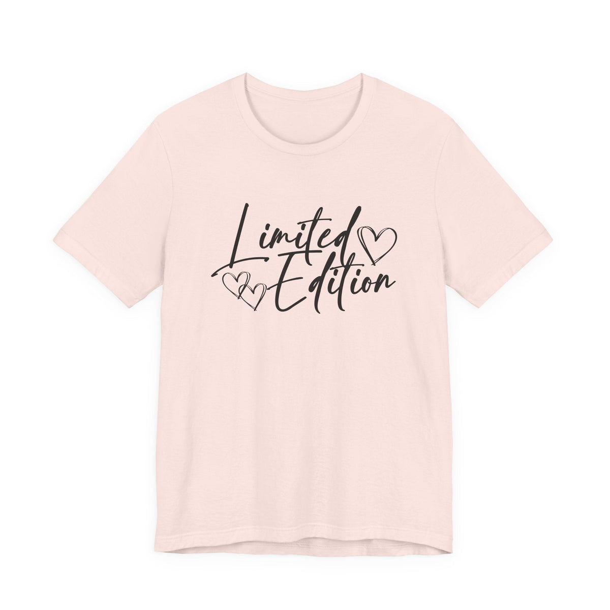 motivational graphic tee in pale blush pink with black “Limited Edition” script lettering and outlined heart details
