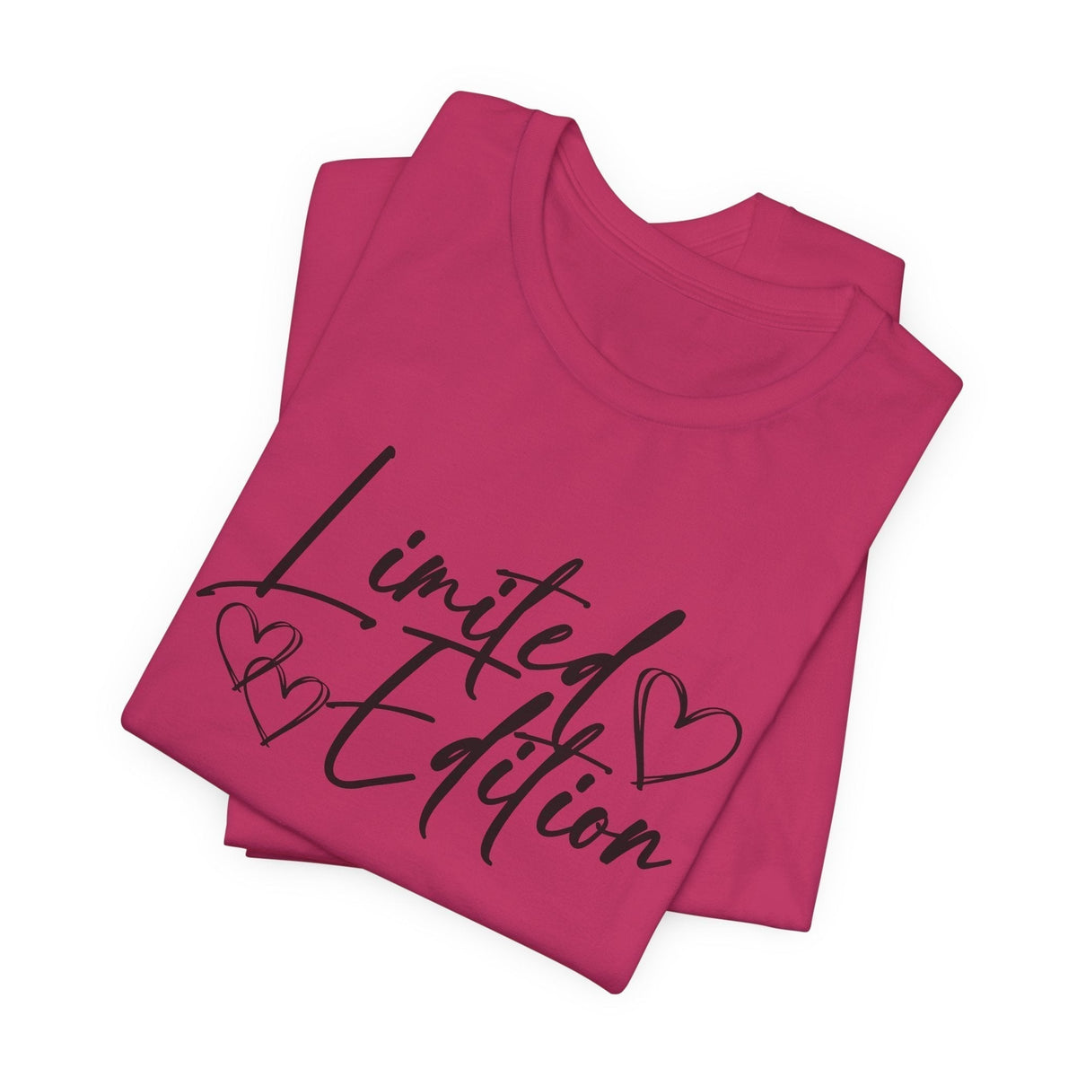 motivational graphic tee in bright magenta with black handwritten “Limited Edition” lettering and heart details