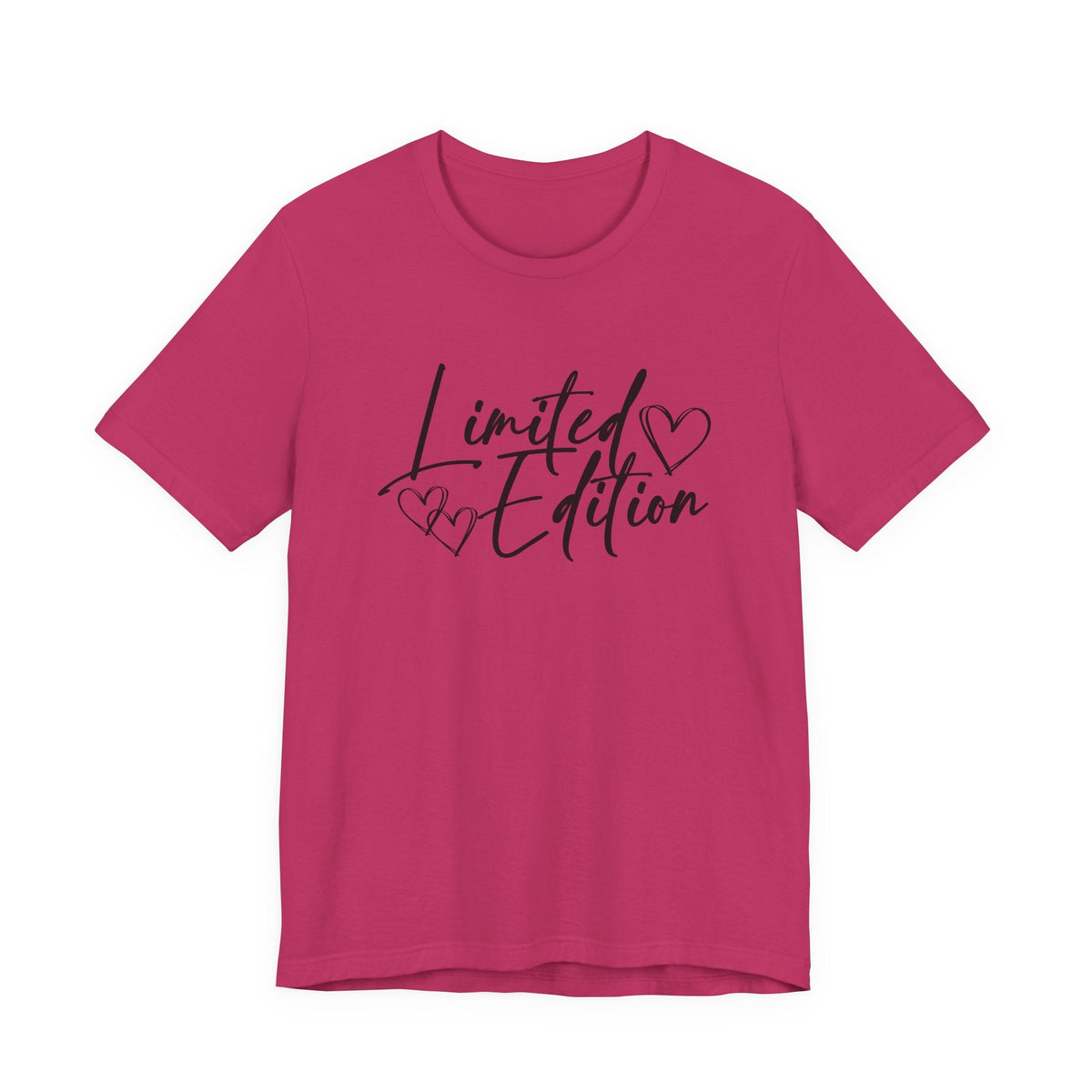 motivational graphic tee in magenta cotton with black “Limited Edition” script lettering and heart outlines