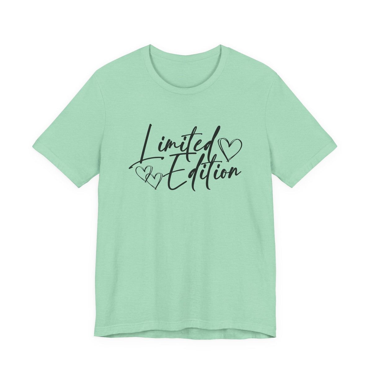 motivational graphic tee in mint green with black “Limited Edition” script lettering and outlined heart details