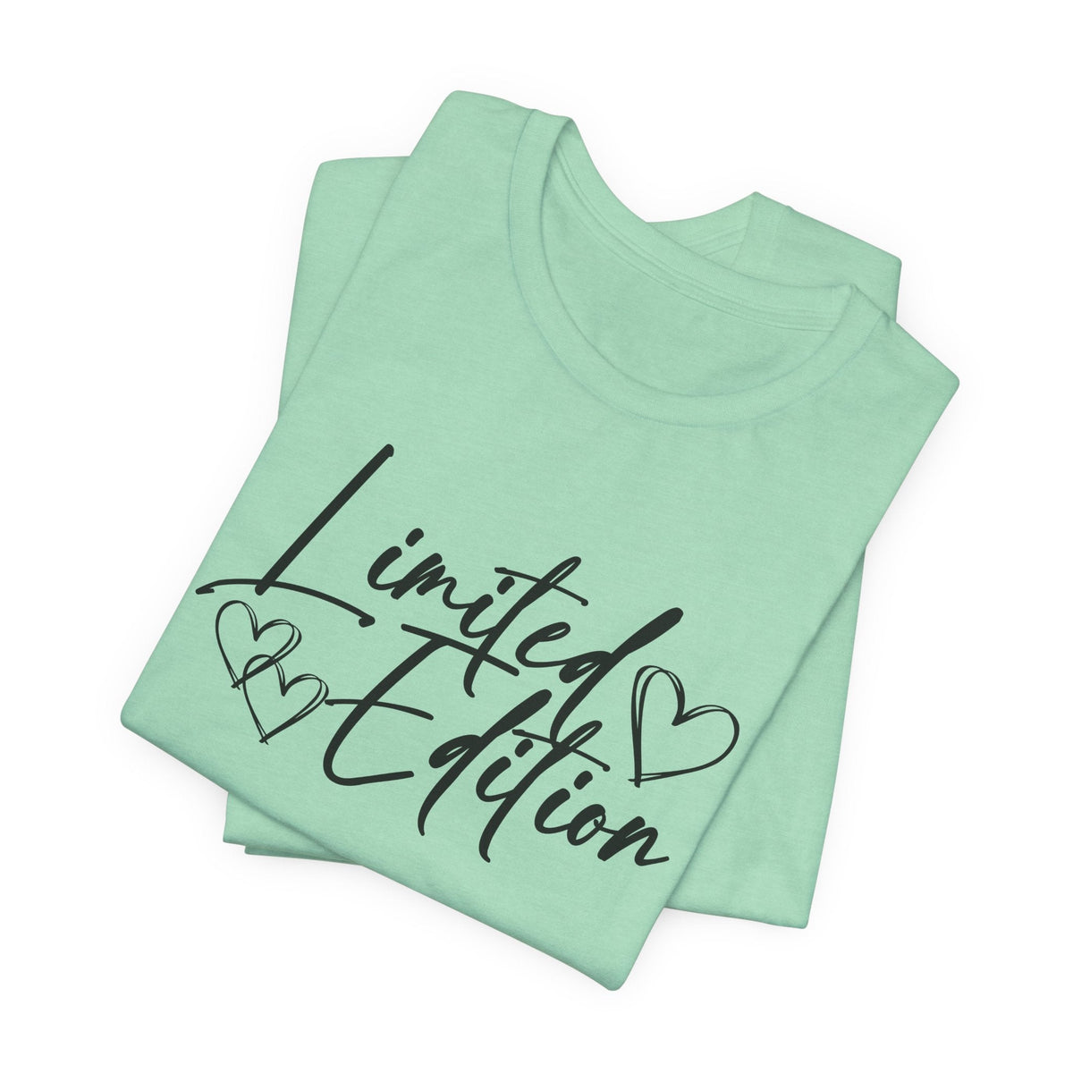 motivational graphic tee in pale mint green cotton with black “Limited Edition” script and outlined heart details