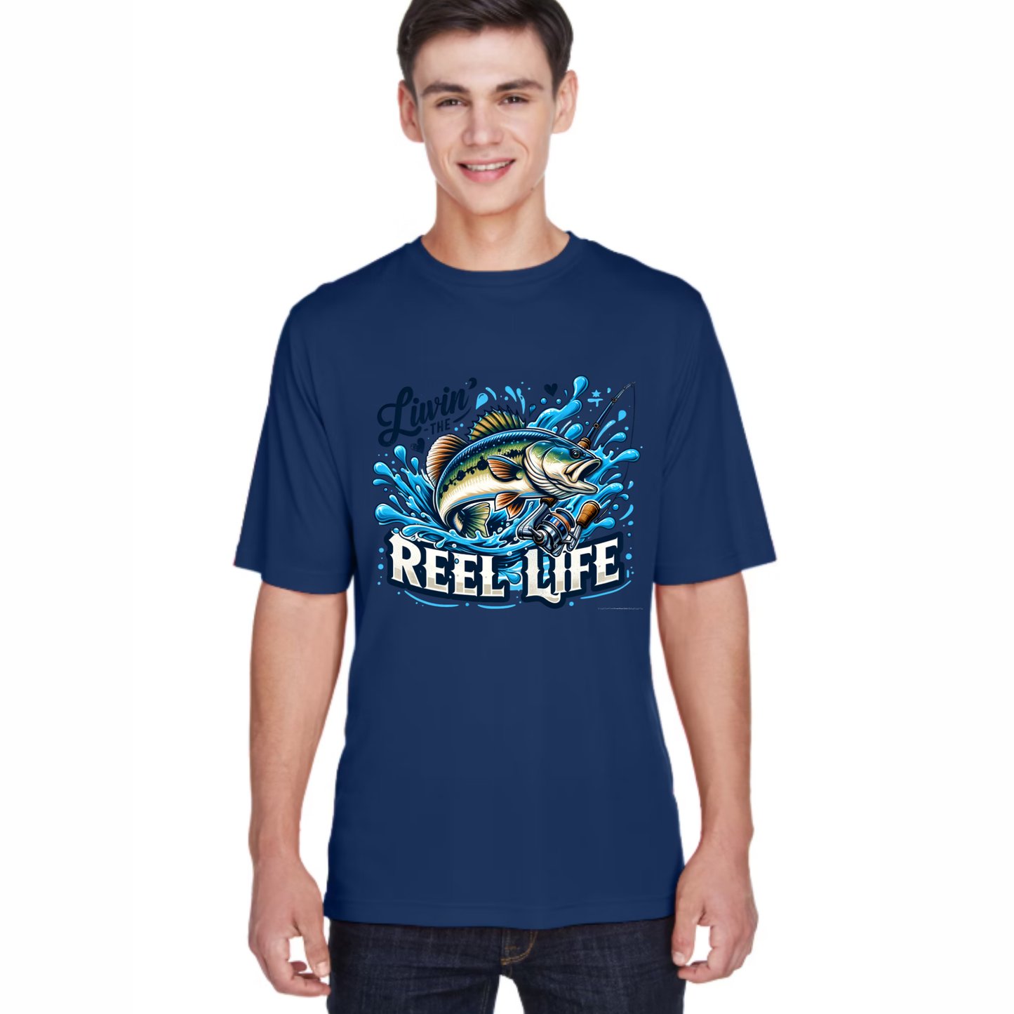 Person wearing a navy blue t-shirt with 'Reel Life' graphic design