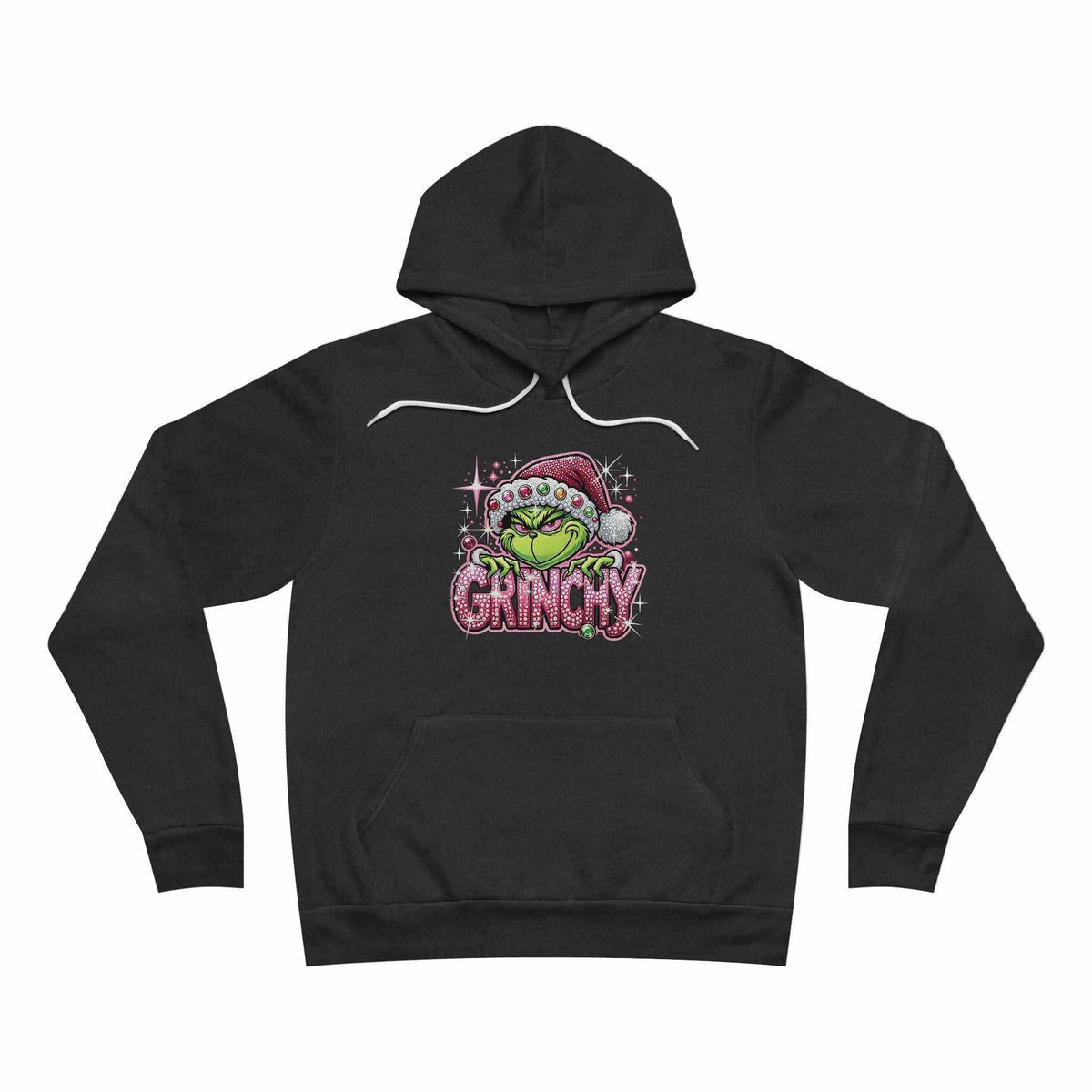 Pink christmas hoodie in black fleece with a green Grinch character and pink sparkle-style holiday lettering on the chest.