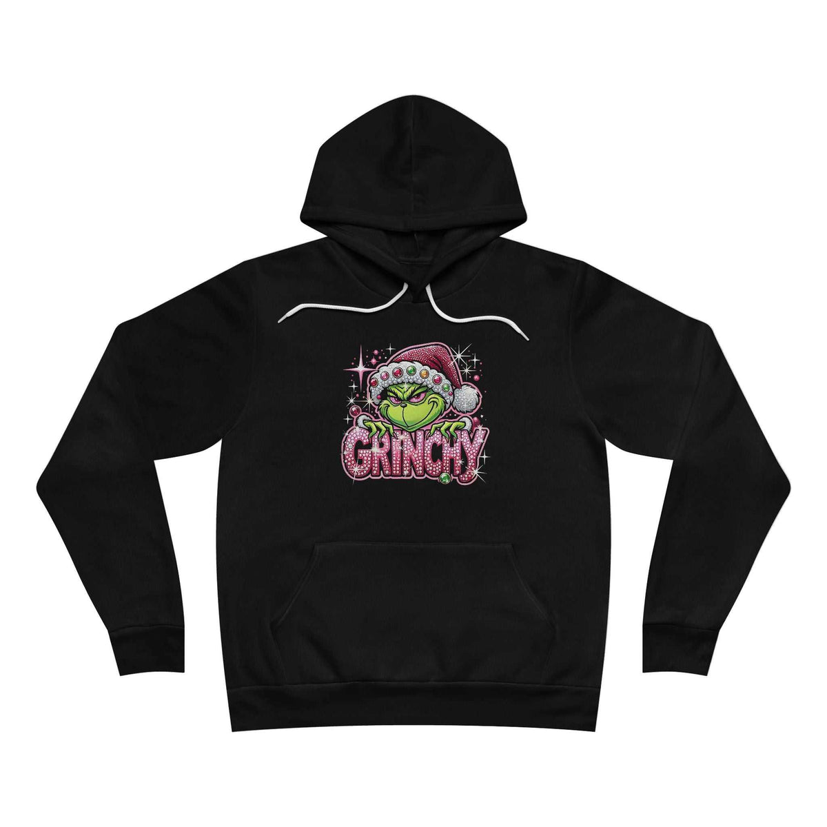 pink christmas hoodie in black with a green Grinch wearing a Santa hat and pink sparkle-look lettering