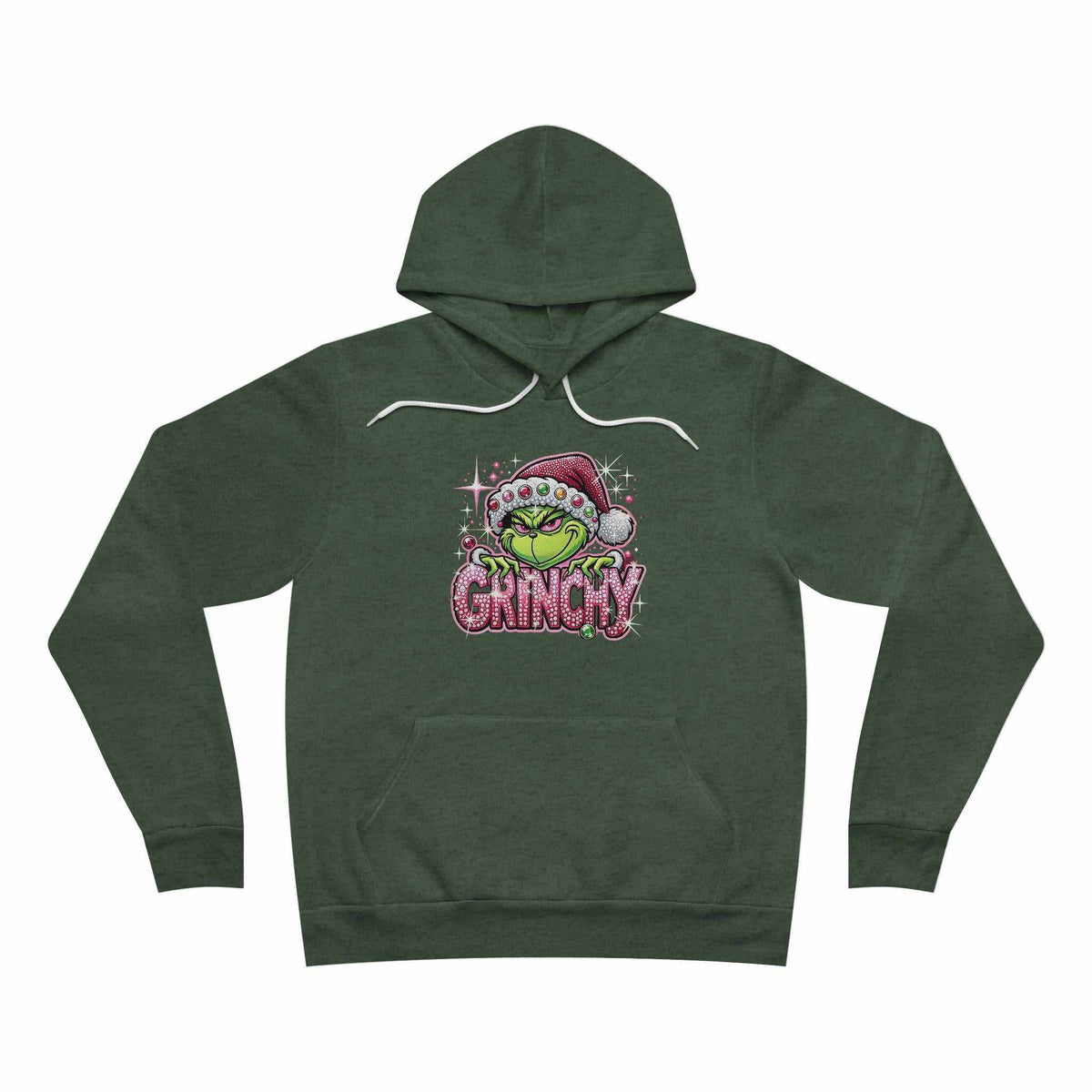 Hooded pullover in dark green fleece with a green holiday character and pink sparkle-look Grinchy graphic