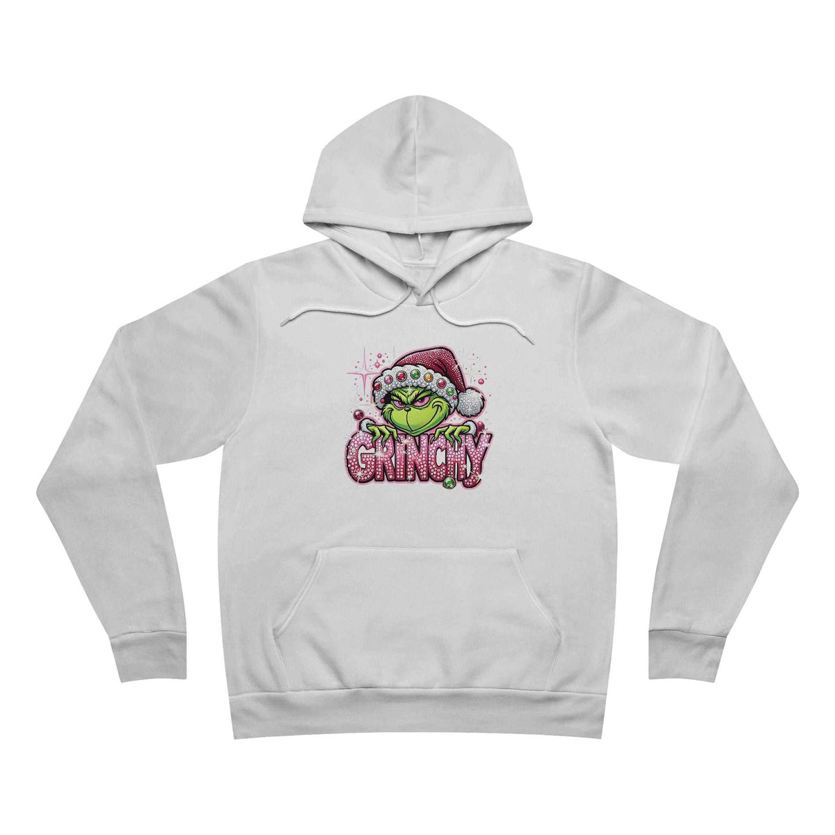 pink christmas hoodie in light gray fleece with a green Grinch in a Santa hat and pink sparkle-look lettering