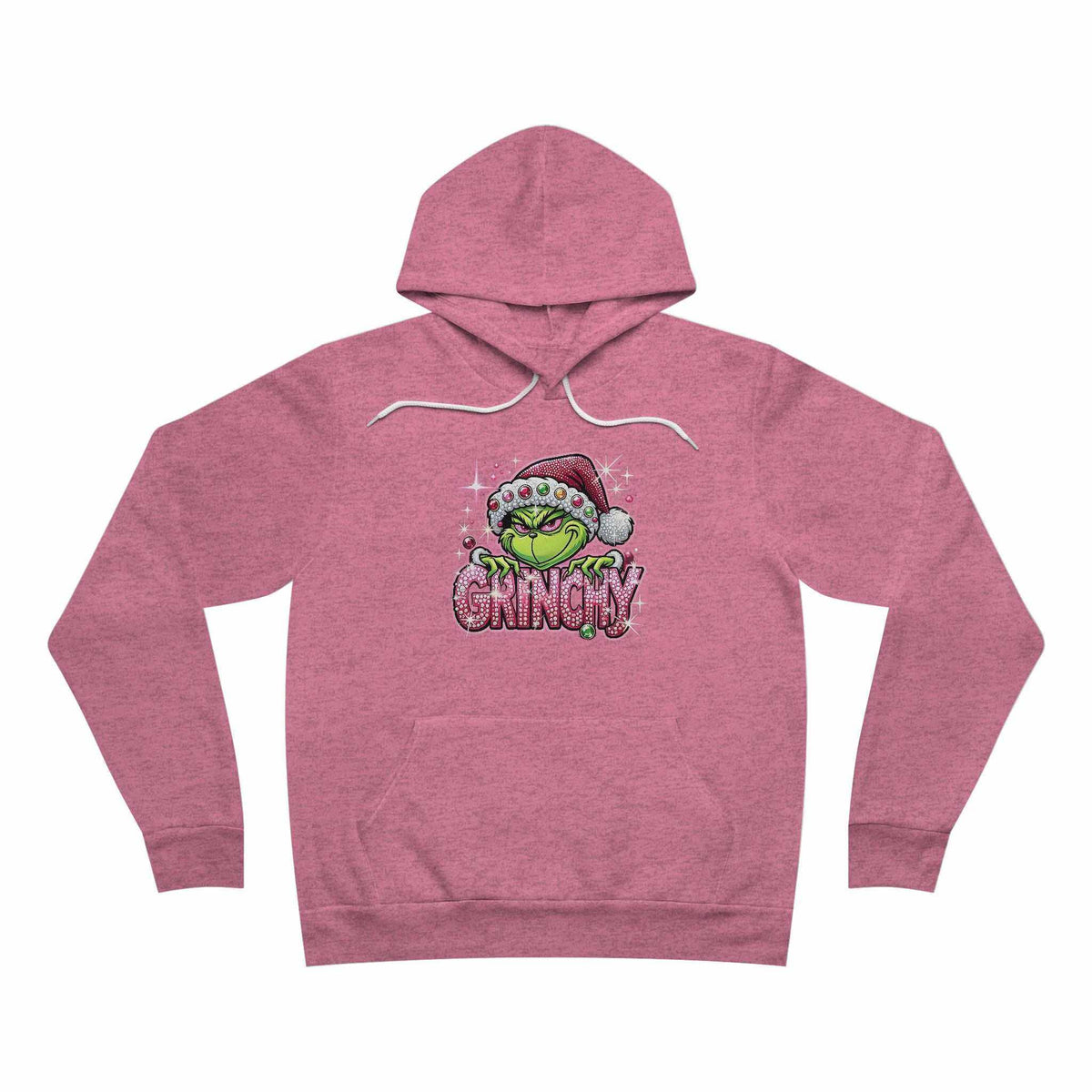 Pink christmas hoodie in heathered fleece with a front pouch pocket and green Grinch graphic beneath sparkling holiday lettering