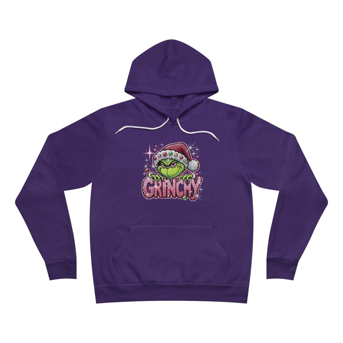 pink christmas hoodie in deep purple fleece with a green holiday character and pink glitter-look lettering on the front