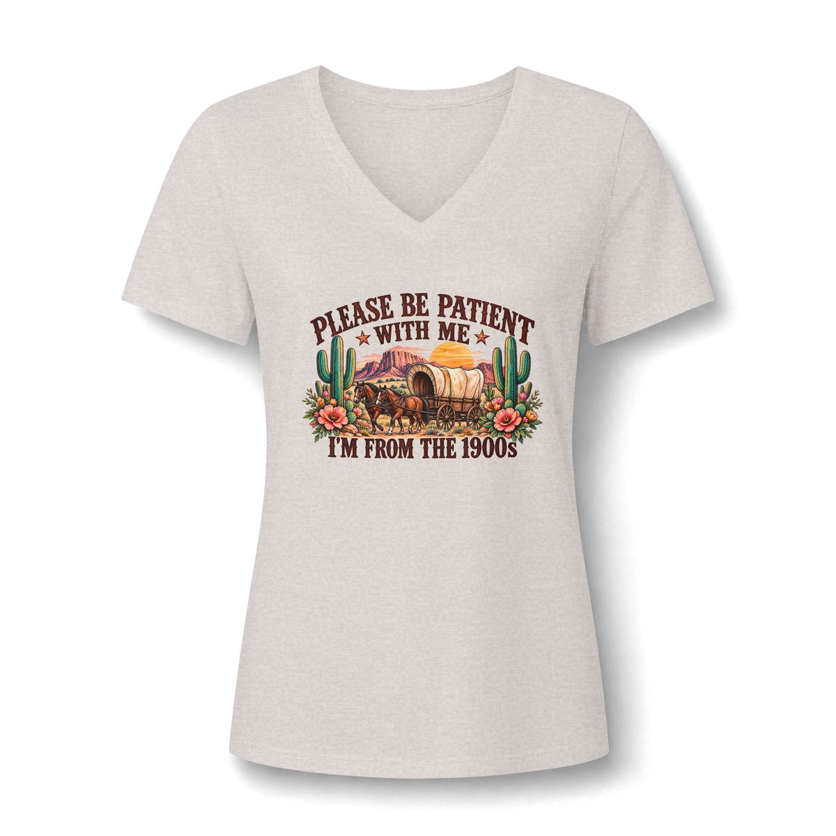 Women's V-neck tee in light heather gray with a colorful Western wagon, cactus and flower graphic; Please Be Patient I'm From the 1900s