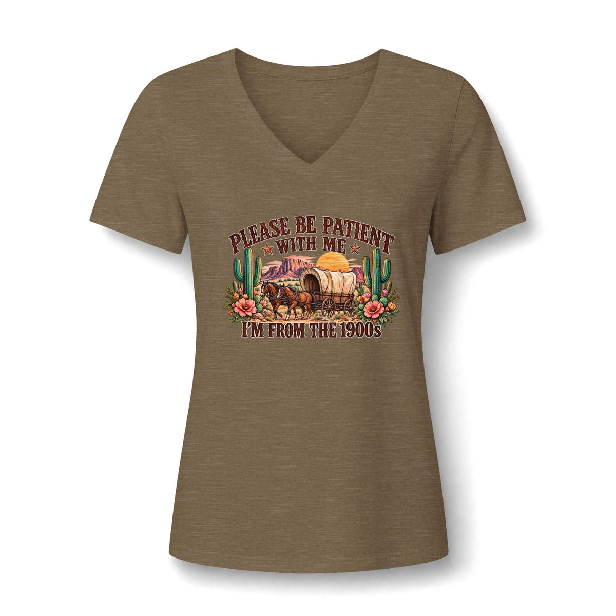 Women's V-neck tee in heathered brown cotton blend, featuring colorful Western wagon, cactus and floral print; Please Be Patient I'm From the 1900s
