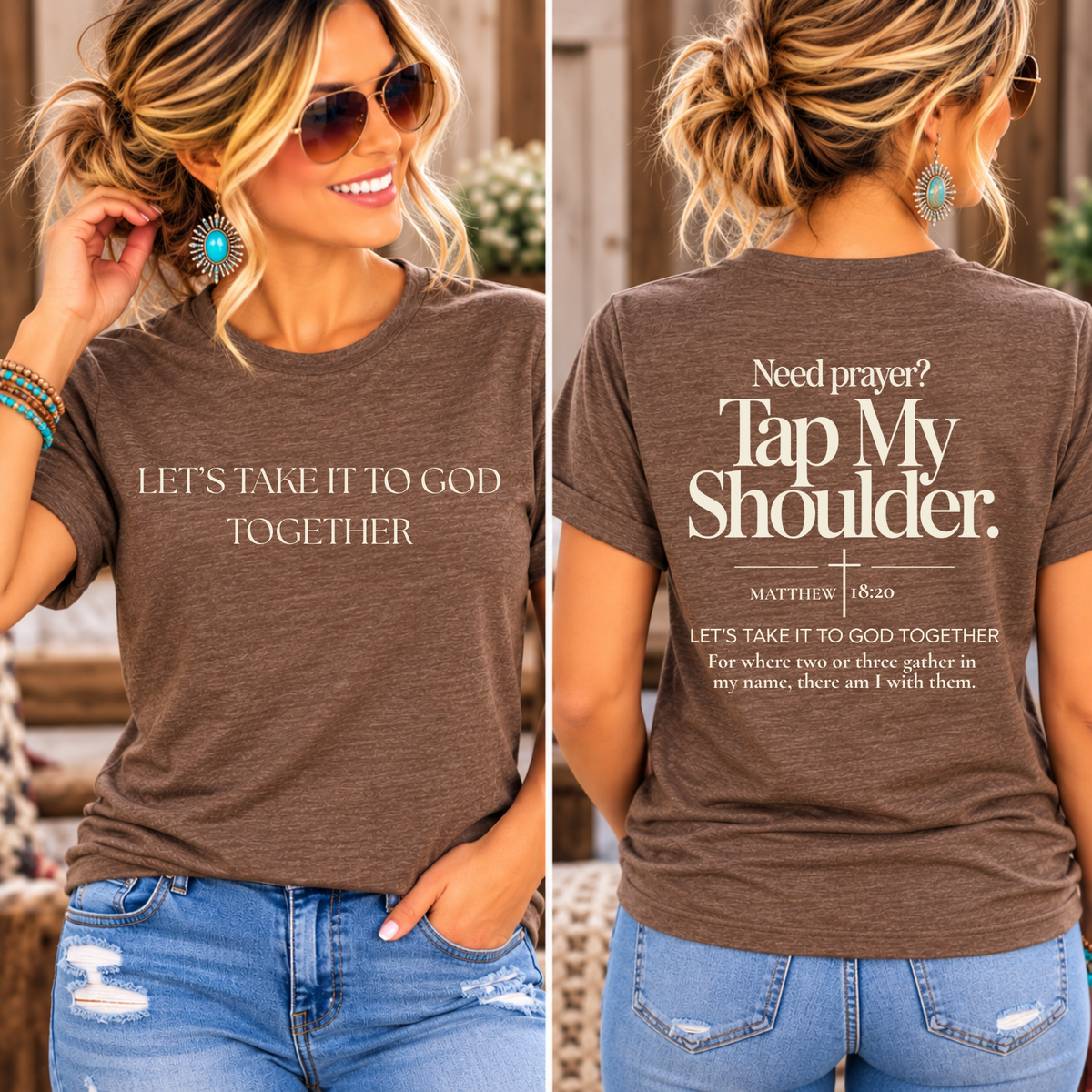 Prayer Warrior Shirt in brown heathered fabric with cream “Let’s Take It to God Together” front text and prayer message on the back