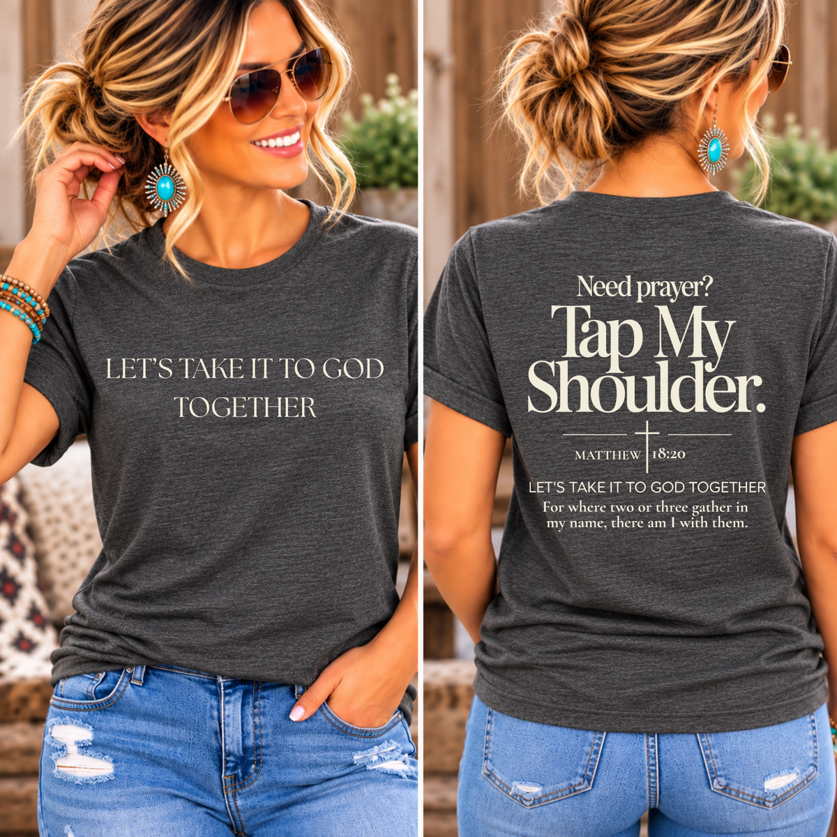 Prayer Warrior Shirt in charcoal gray heather cotton blend with cream faith message printed on the front and back