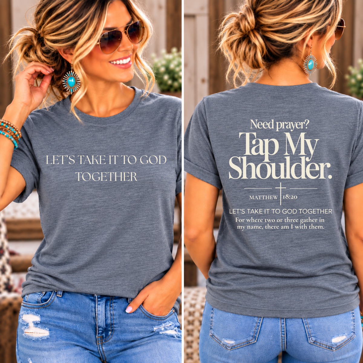 Prayer Warrior Shirt in heather blue cotton blend with white faith lettering on the front and back, including “Tap My Shoulder”