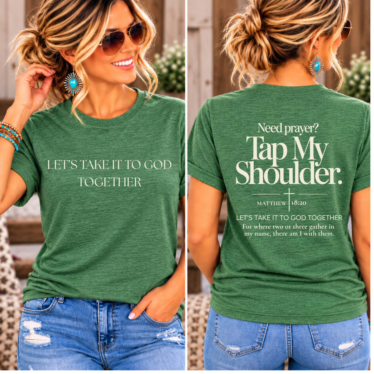 Prayer Warrior Shirt in heather green cotton blend with cream faith lettering on the front and back, including “Tap My Shoulder”
