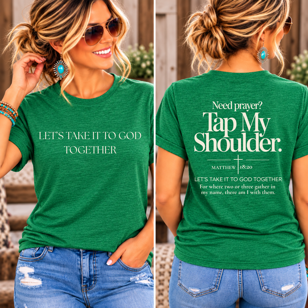 Prayer Warrior Shirt in heather green cotton blend with white faith message on the front and back, including “Tap My Shoulder.”