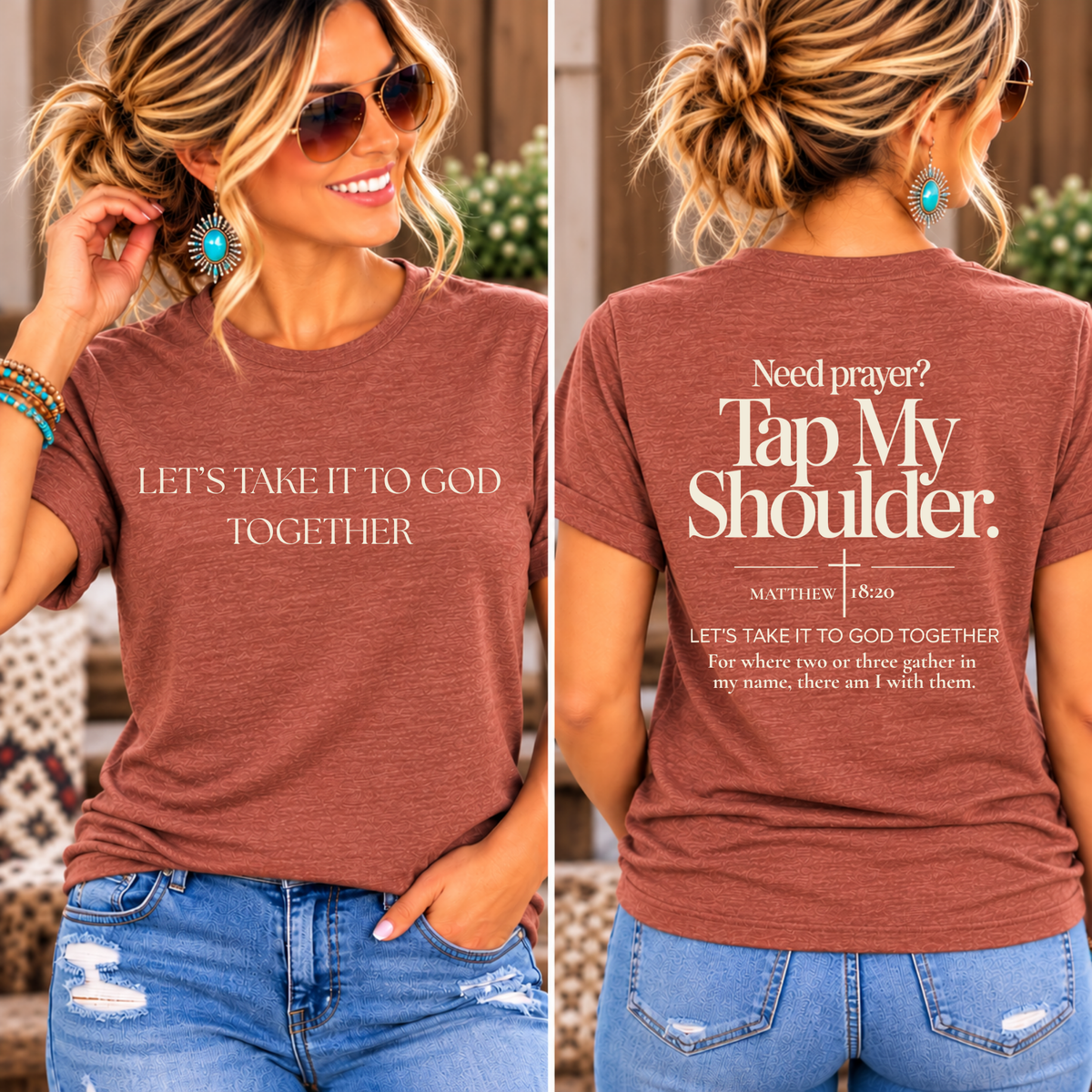 Prayer Warrior Shirt in rust heather cotton blend with white faith lettering on the front and back