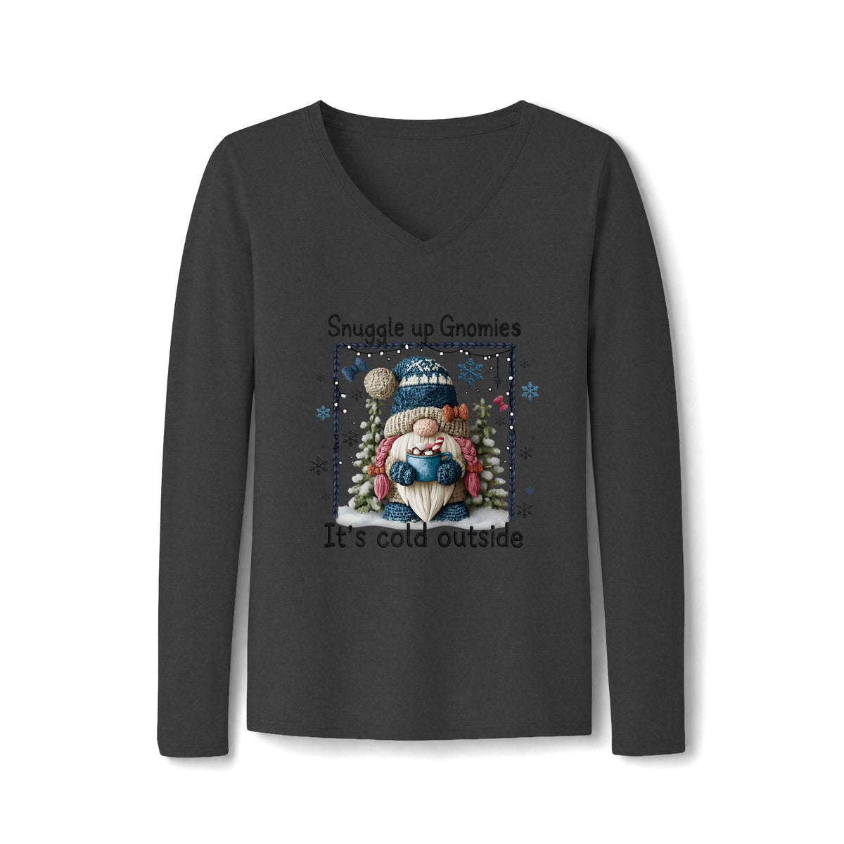 Snuggle Up With Gnomies long-sleeve V-neck tee in dark charcoal, with a colorful bundled gnome and snowflakes