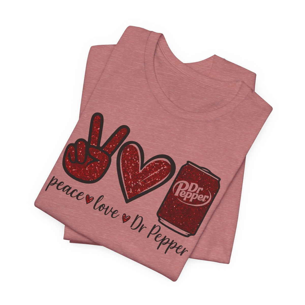 soda lover T-shirt in dusty mauve cotton blend with glittery peace sign, heart and Dr Pepper can graphic