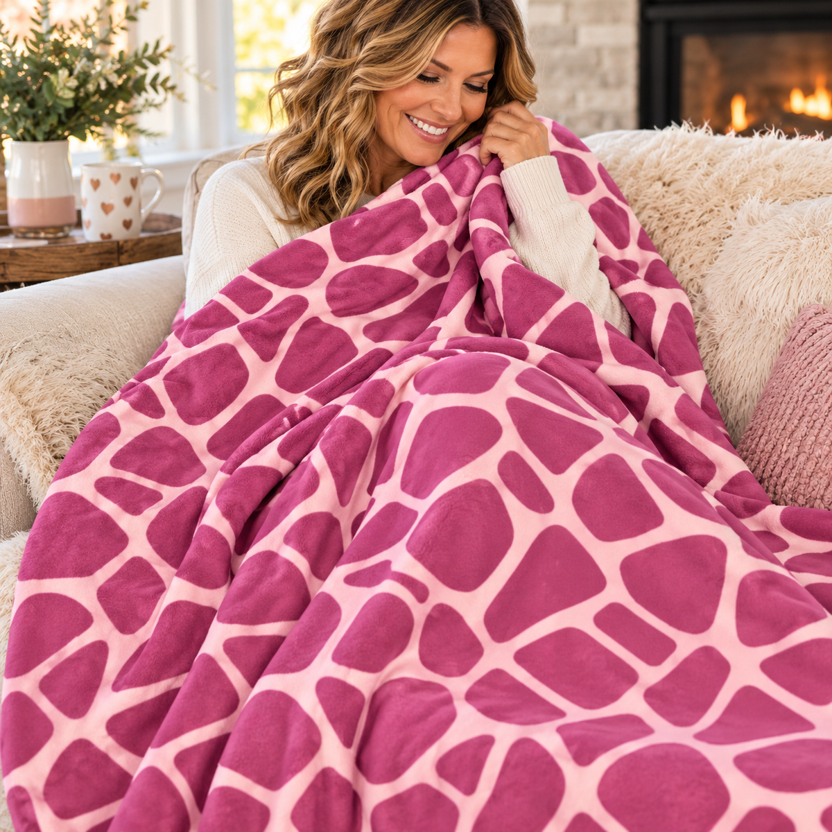 Soft pink throw blanket in plush fabric with a bold pattern of irregular magenta pebble shapes on a blush base