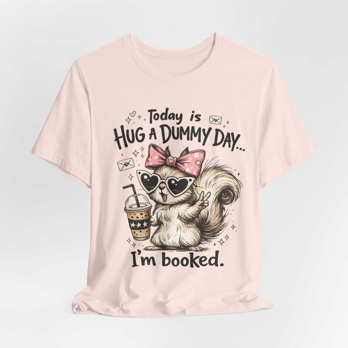 squirrel tshirt funny in soft pink with a cartoon squirrel wearing heart sunglasses and holding iced coffee