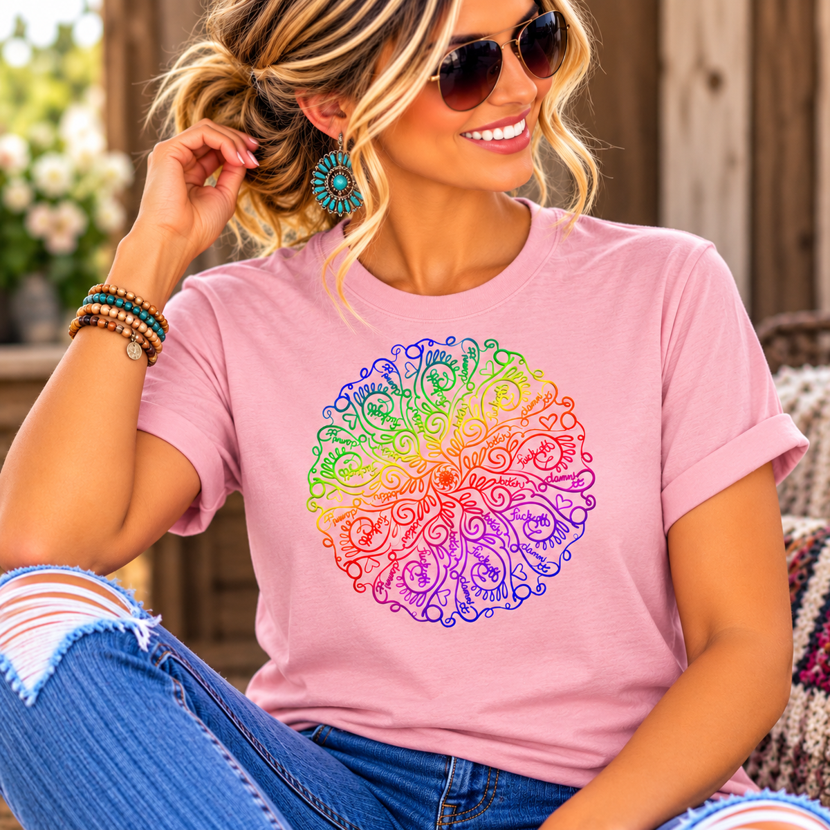 swear word tshirt in pink cotton with a colorful rainbow mandala of intricate floral swirls across the chest