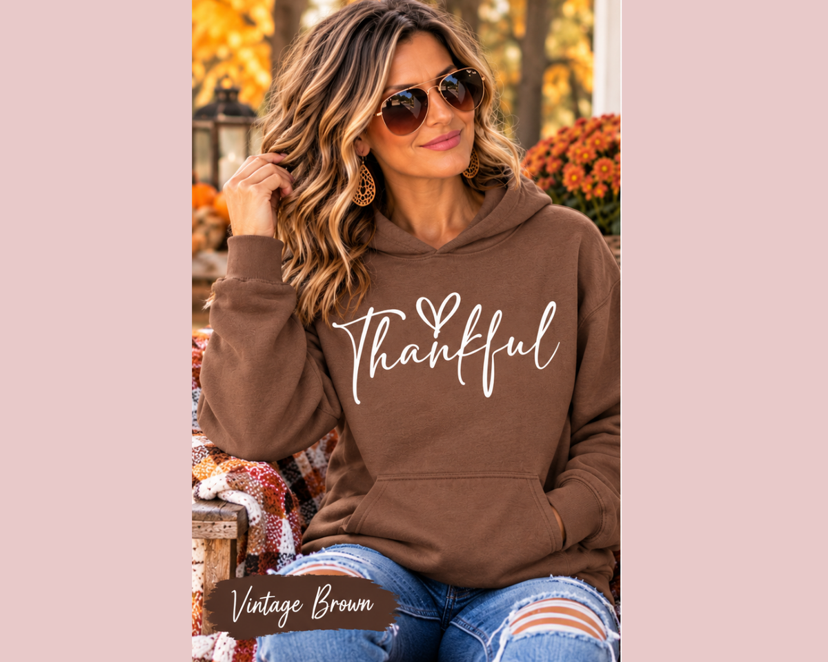 thankful sweatshirt in vintage brown with white handwritten lettering and a small heart, featuring a hood and front pouch pocket