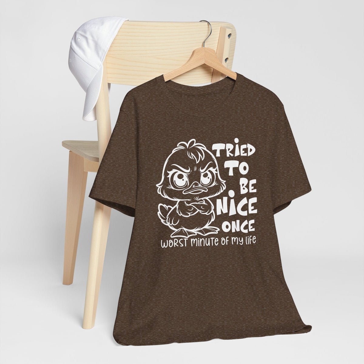 Tried To Be Nice Once Shirt in dark brown with a white duck graphic and bold humorous lettering